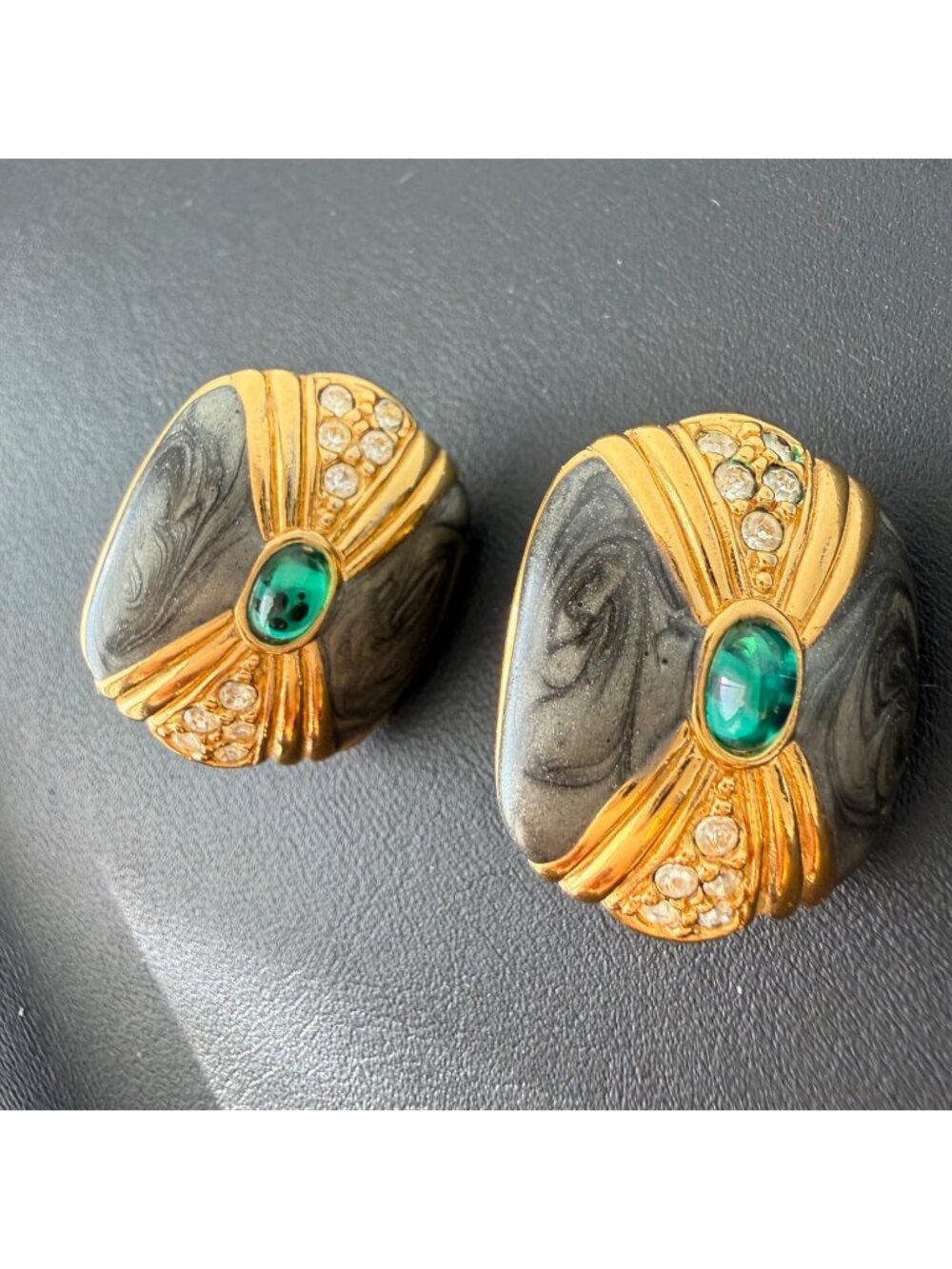 Vintage KJL Avon Earrings Duchess of Windsor Panther Enamel Cabochon Gold Tone